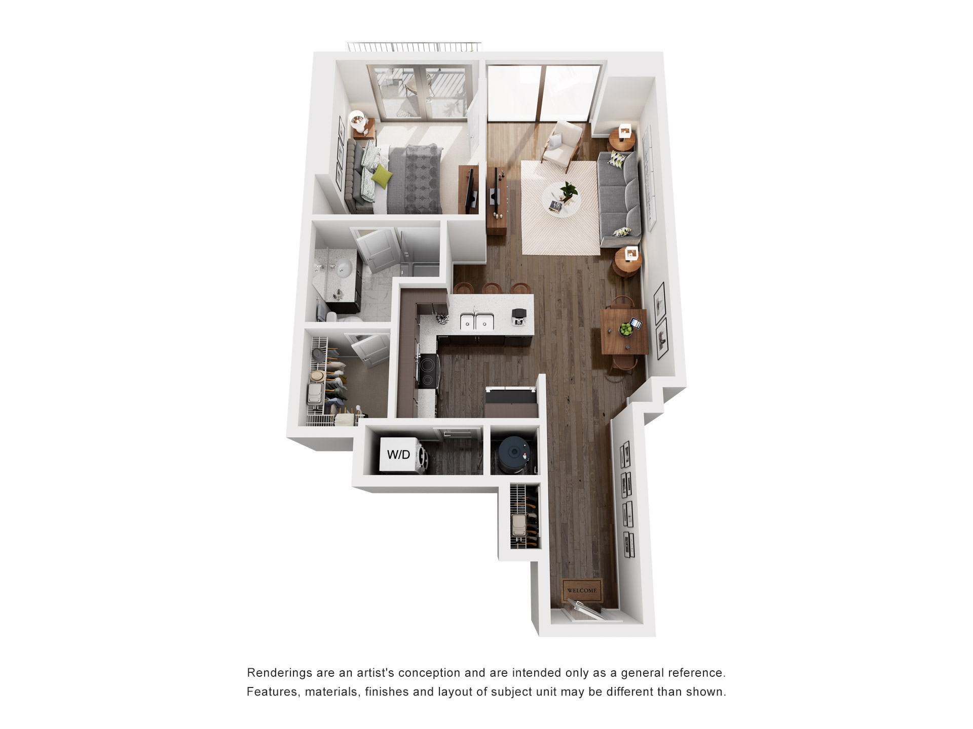 Floor plan for 1 bed, 1 bath, 706 sqft